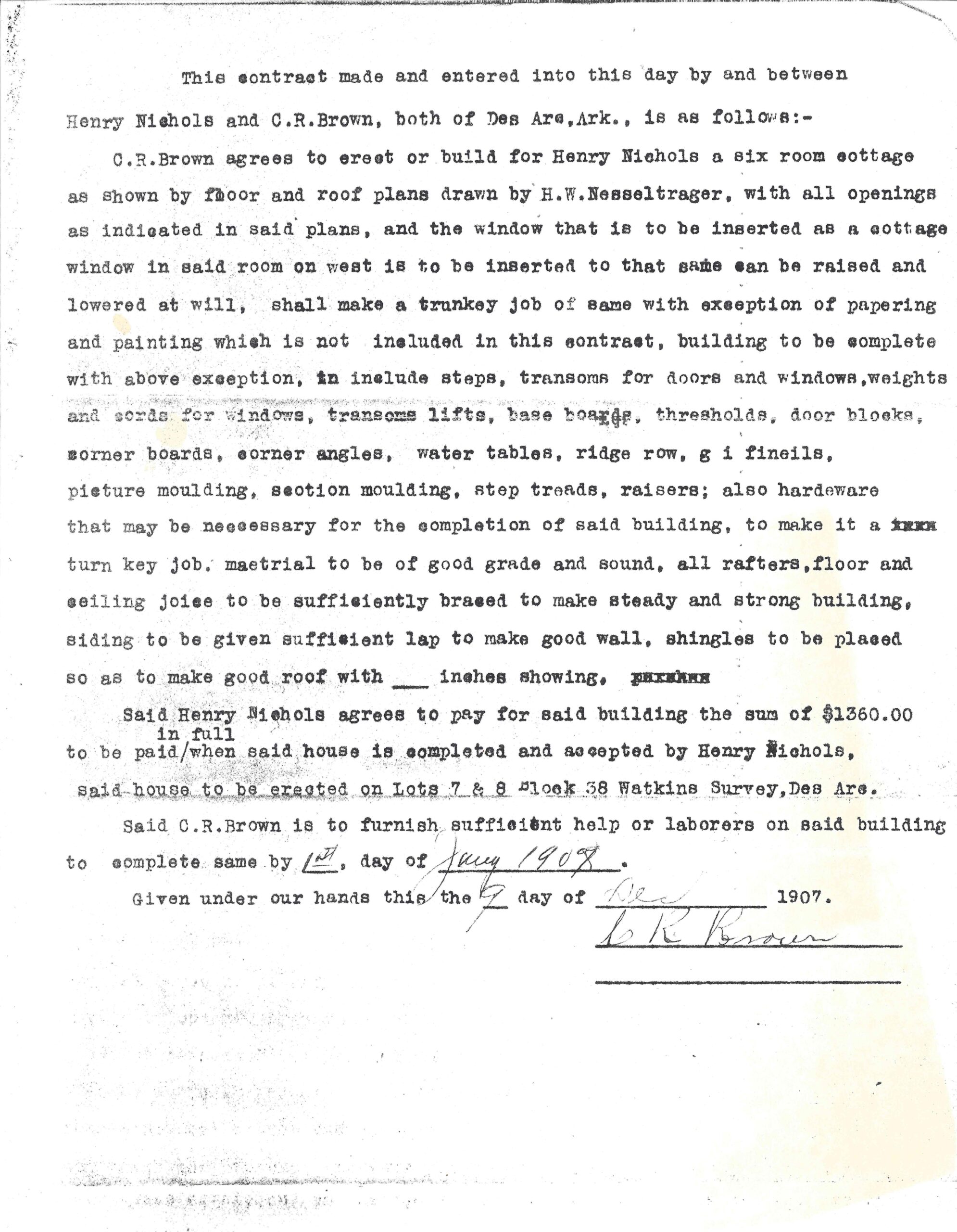 1907 contract between Henry Nichols and C.R. Brown of Des Arc, Prairie County, Arkansas for the construction of a house